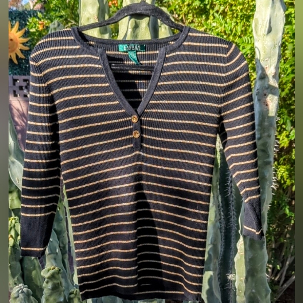 Lauren Ralph Lauren Black Metallic Gold Striped Ribbed V-Neck Sweater Medium